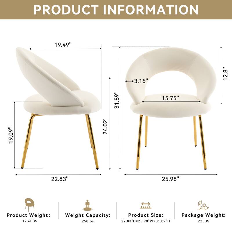 Set of 1 Dining Chairs With Curved Backrest and Golden Metal Legs