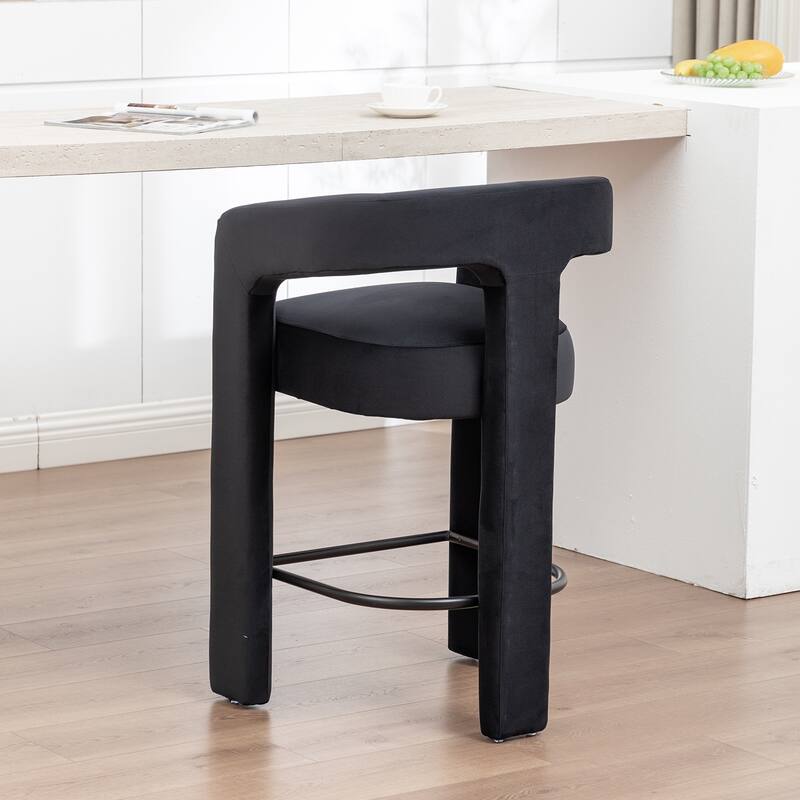 SEYNAR Modern Velvet 34.6''H Fixed Height Open-Back Bar Stool with Metal Footrest