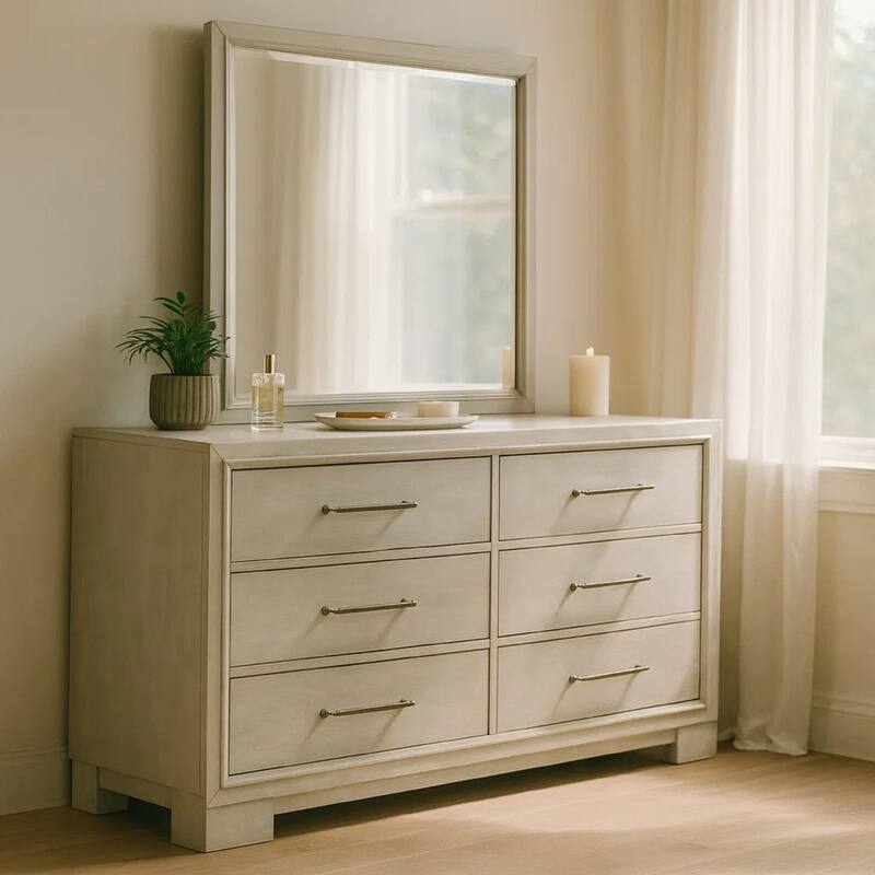 Simone Wide Dresser, 6 Drawer and Block Feet, Antique White Wood