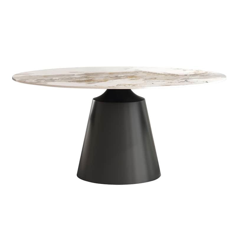 Modern Round Rock Slabs Black Titanium Stainless Steel Pedestal Dining Table - 4 Seats - Pandora
