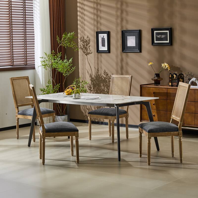 [Set of 4] French Country Dining Chairs - Elegant Cane Backrest & Upholstered Seats with Fluted Legs- Solid Rubberwood Frame