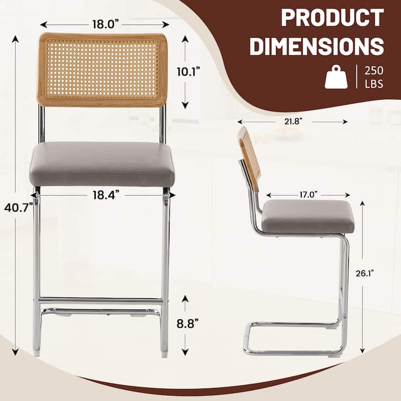Set of 3 Counter Height Bar Stools with Woven Rattan Back and Footrest for Kitchen Island - 26" H