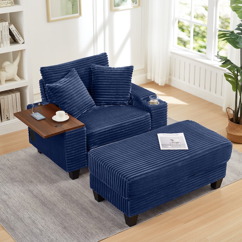 Versatile Chaise Lounge Single Sofa Chair with Ottoman, Swivel Table, Storage Armrest, Cup Holder, Bluetooth Speaker and USB - Blue