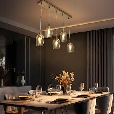 Elisie Mid-Century Modern 5-Lights Linear Chandelier Globe Glass Pendant Light Kitchen Island - 28.5" W x 69" H x 4.5" W