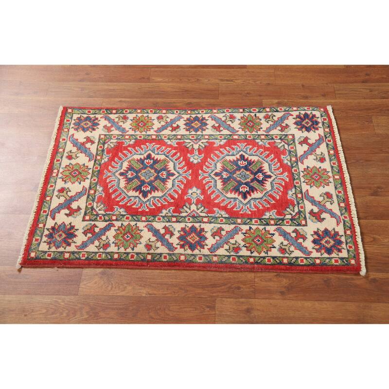 Red Geometric Kazak Oriental Accent Foyer Rug Hand-Knotted Wool Carpet - 2'0"x 3'0"