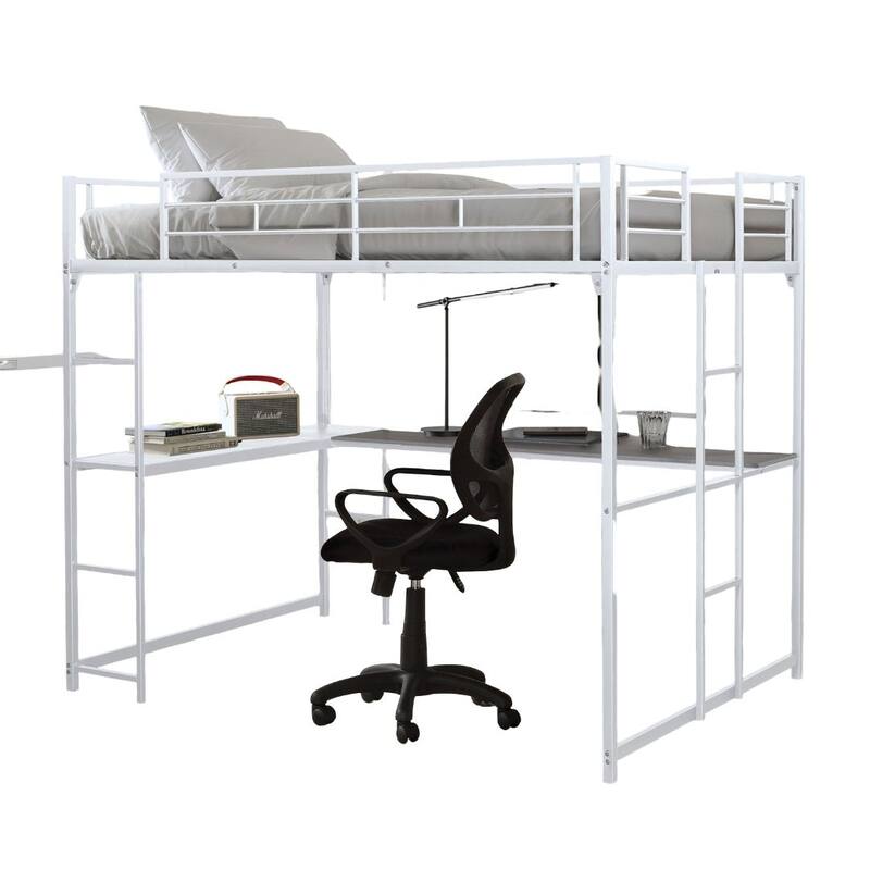 Full Loft Bed with Two Ladders and Desk, White Metal Frame, Space-Saving Design