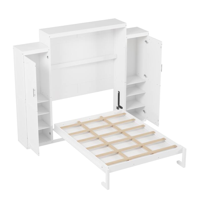 Queen Size Wood Murphy Bed with Two Wardrobe and Storage Shelf, Multifunctional Foldable Platform Bedframe