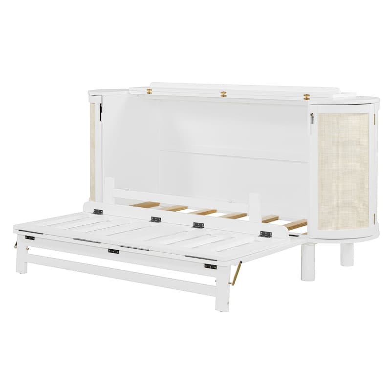 Queen Size Murphy Bed with Hidden Storage, Side Cabinets, and Woven Drawer Design, Space-Saving Foldable Bed
