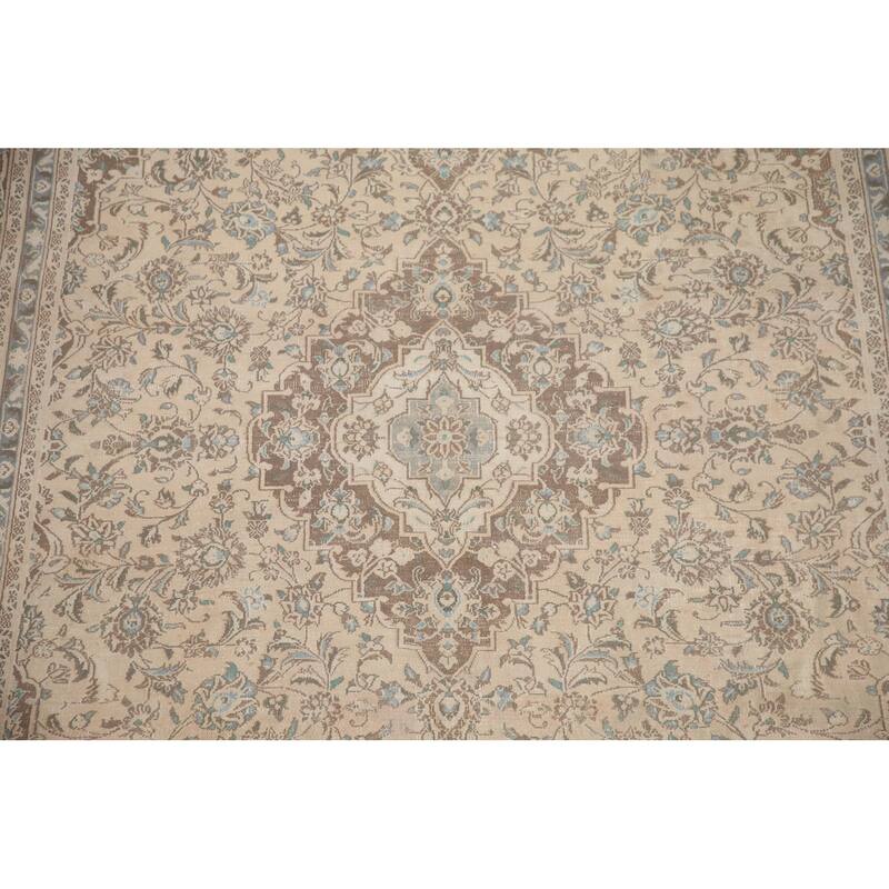 Hand Knotted Oriental 100% Wool Carpet Traditional Floral Beige & Ivories Mashad Area Rug - 11' 1'' X 8' 1''