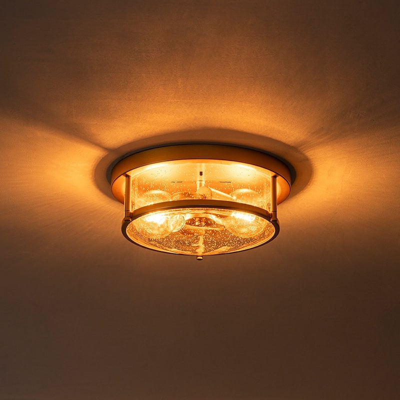 Farmhouse Black Round Seeded Glass Drum Semi Flush Ceiling Light -12in