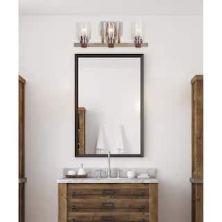 Cresswell 27 inch W Breckenridge 3 Light Bath Vanity Light; Brushed Nickel, Walnut Wood, Clear Seeded Glass