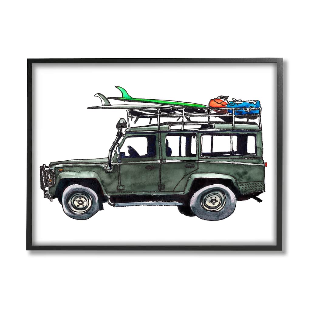 Stupell Tropical Vacation Beach Car Roof Rack Surfboards Framed Wall Art - Grey