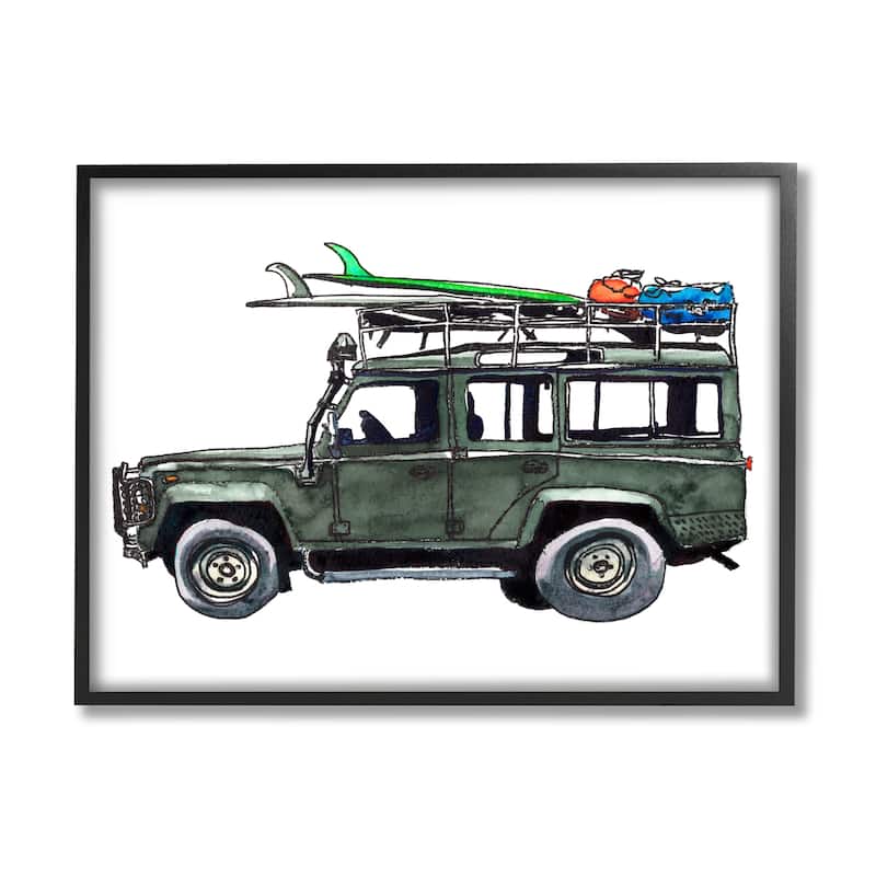 Stupell Tropical Vacation Beach Car Roof Rack Surfboards Framed Wall Art - Grey - 20 x 16 - Black