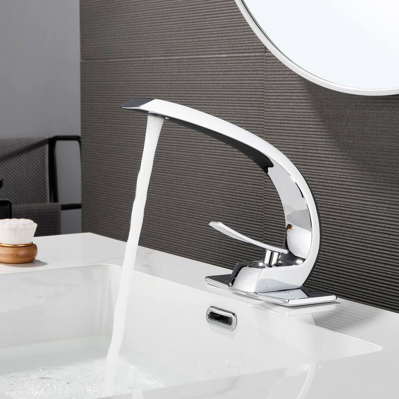 Modland C-Shaped Single Hole Bathroom Faucet, 500K Cycle CUPC Certified, 6-Inch Cover Plate, Black / Gold / Nickel / Chrome