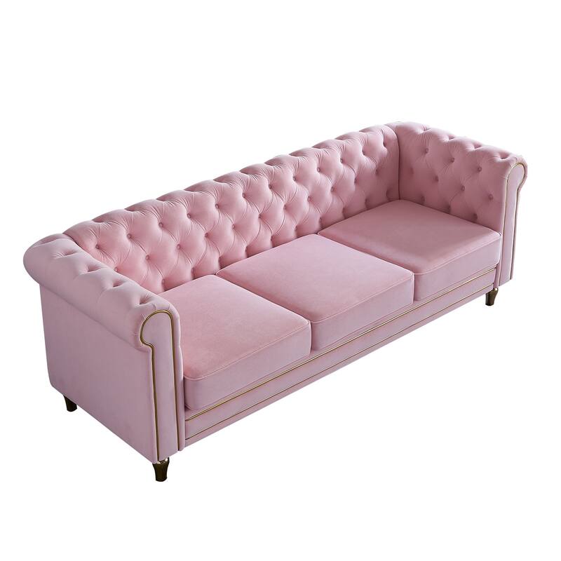 Modern Chesterfield Couch with Button Tufting, High-Density Foam & Gold Accents - 85'' Wide