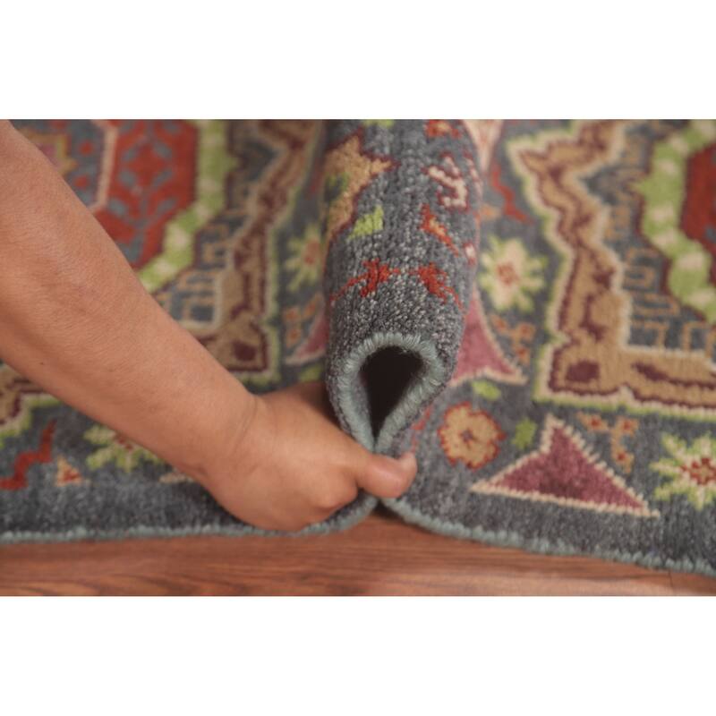 Geometric Grey Kazak Runner Rug Hand-Knotted Wool Carpet - 2'6"x 7'9"