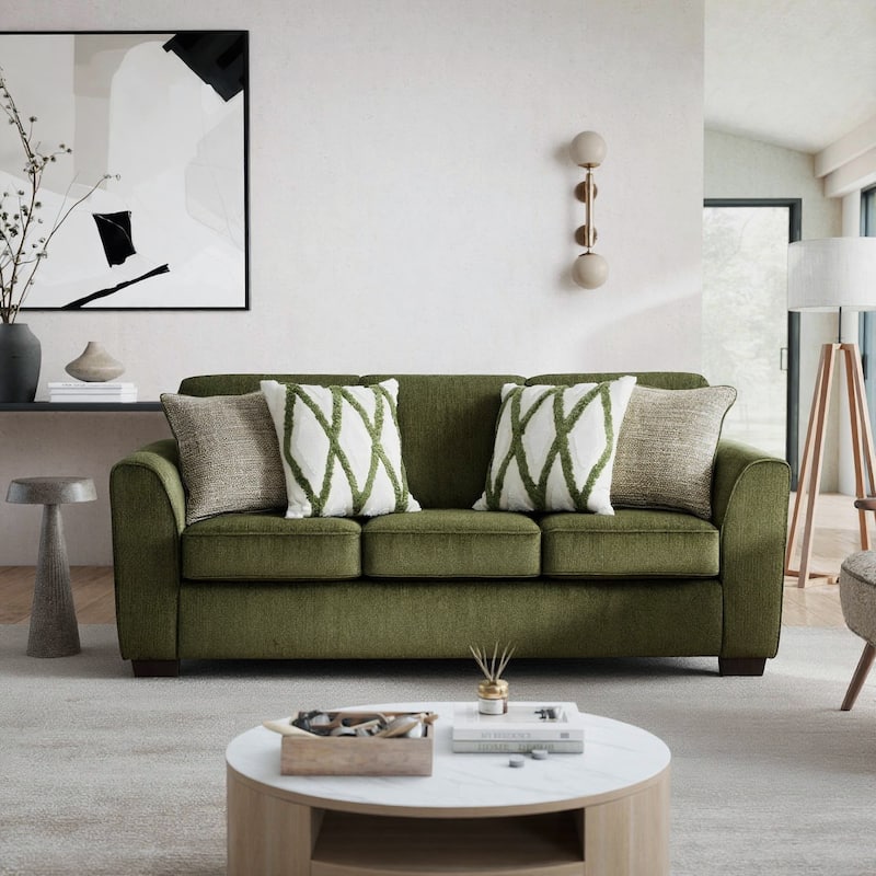 Roundhill Furniture Marvella Living Room Sofa with Mosswood Chenille Upholstery and Textured Accent Pillows - 7'6" x 9'6"