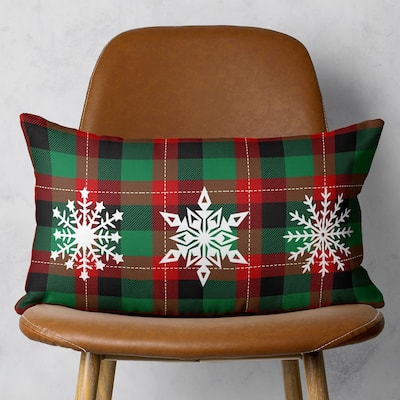 Christmas Snowflake Trio Plaid Lumbar Pillow Cover