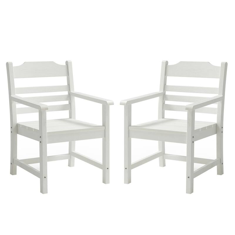 Imitation Light Teak Wood Grain Texture HIPS Outdoor Patio Dining Chair with Armrest (Set of 2) - White