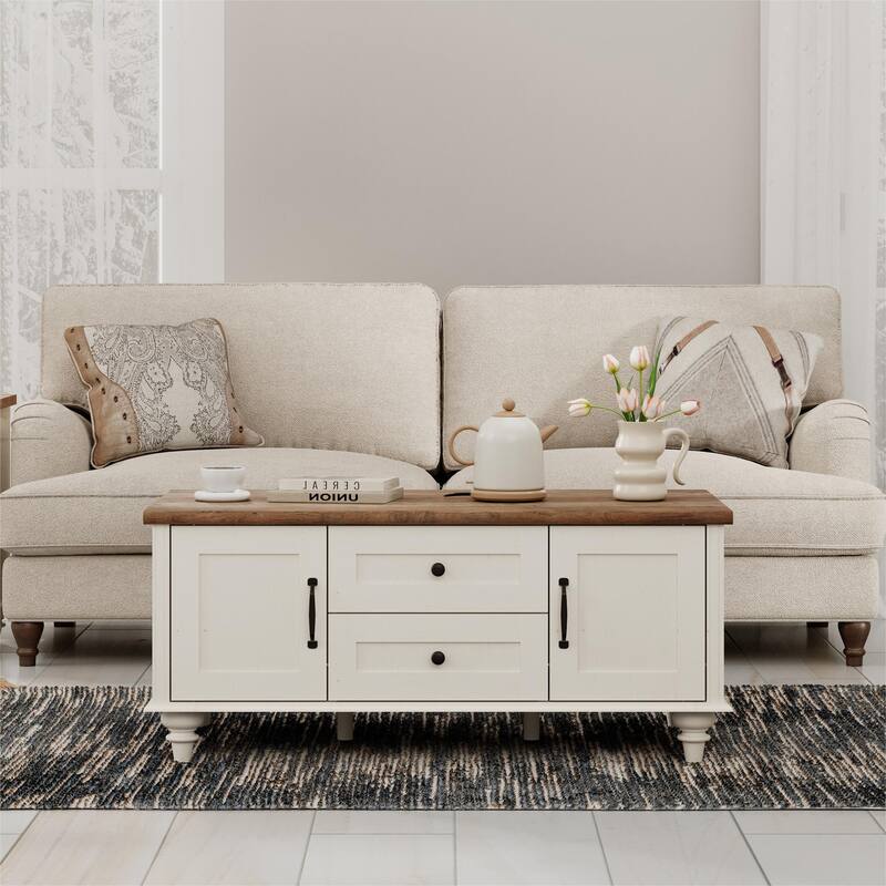 Farmhouse Coffee Table with Cabinets & Drawers, Wooden Center Table