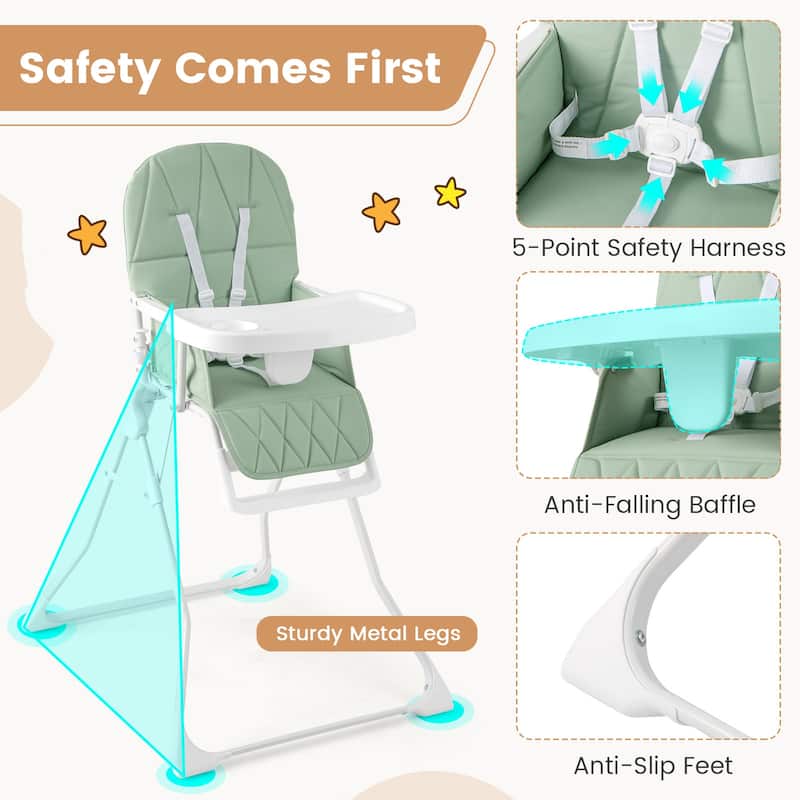 3-in-1 Foldable Baby High Chair with Tray and Footrest Adjustable Footrest Lightweight Waterproof PU Cushion