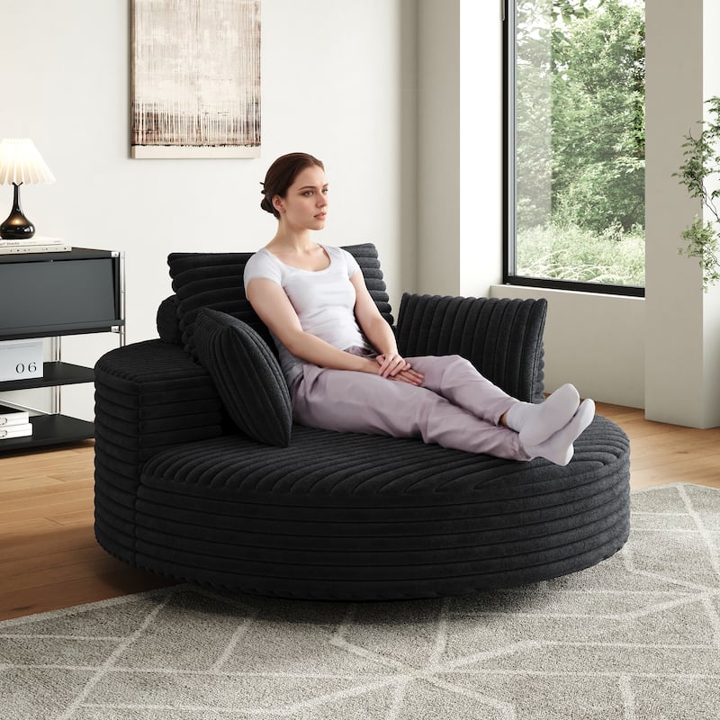 55''L Corduroy Chenille Foam Single Swivel Chair, Fluffy Modern Sleeper, 360 Degree Swivel Chair - Black