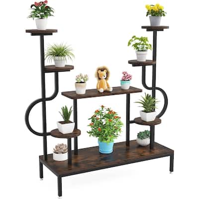 Black-Brown Metal and Wood 8-Tier Corner Plant Stand with Mixed Shelves - 39.37” x 15.74” x 49.6”