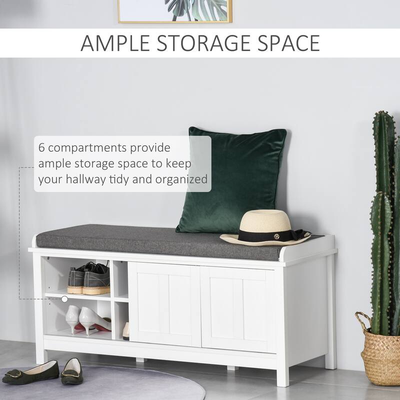 Entryway Shoe Bench Storage Ottoman with Sliding Doors, Adjustable Shelving, 6 Compartments, and Padded Seat, Holds 10 Pairs