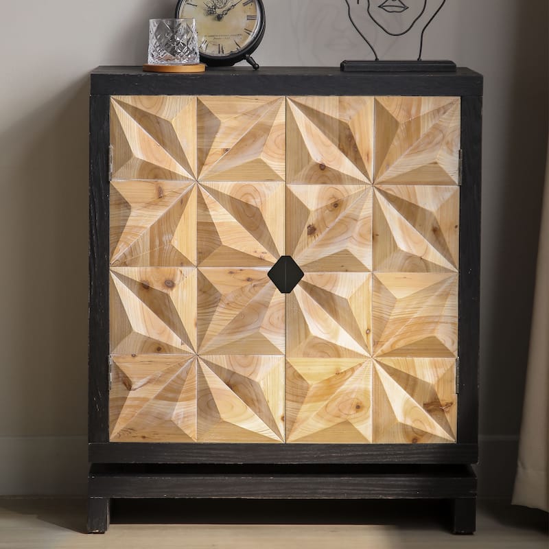 Roomfitters 3D Geometric Carved Double-Door Cabinet, Modern Black and Natural Wood Storage Sideboard