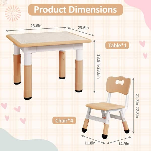 dimension image slide 1 of 5, Kids Table and Chairs Set, Height Adjustable Desk with 4 Seats for Ages 2-10