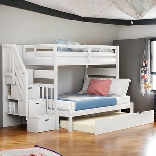 Twin over Twin/Full Bunk Bed with Twin Size Trundle, White