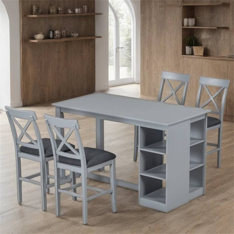 5 Piece Wood Dining Table Set with Storage Shelves and 4 Upholstered Dining Chairs