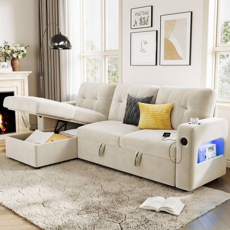 84 Inch Sleeper Sofa Couch, L-Shaped Sofa, Convertible Pull Out Sofa Bed with Storage, Charging Station, Led Lights