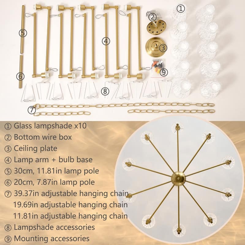 Mid Century Gold Chandelier Modern Pendant Light with Glass Lampshade