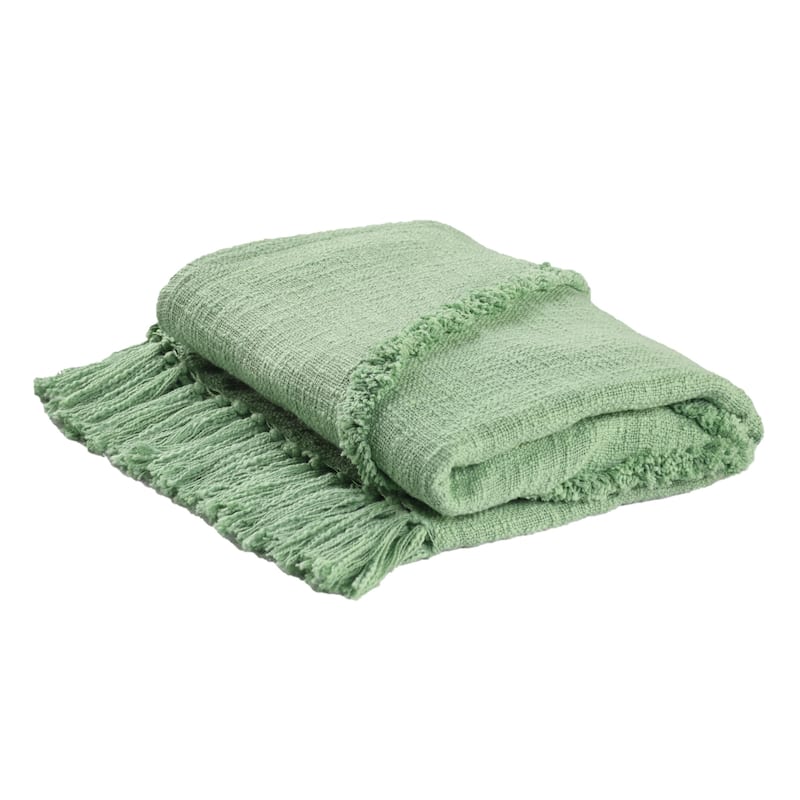 HomeRoots 50" X 60" Green Woven Cotton Throw Blanket with Fringe