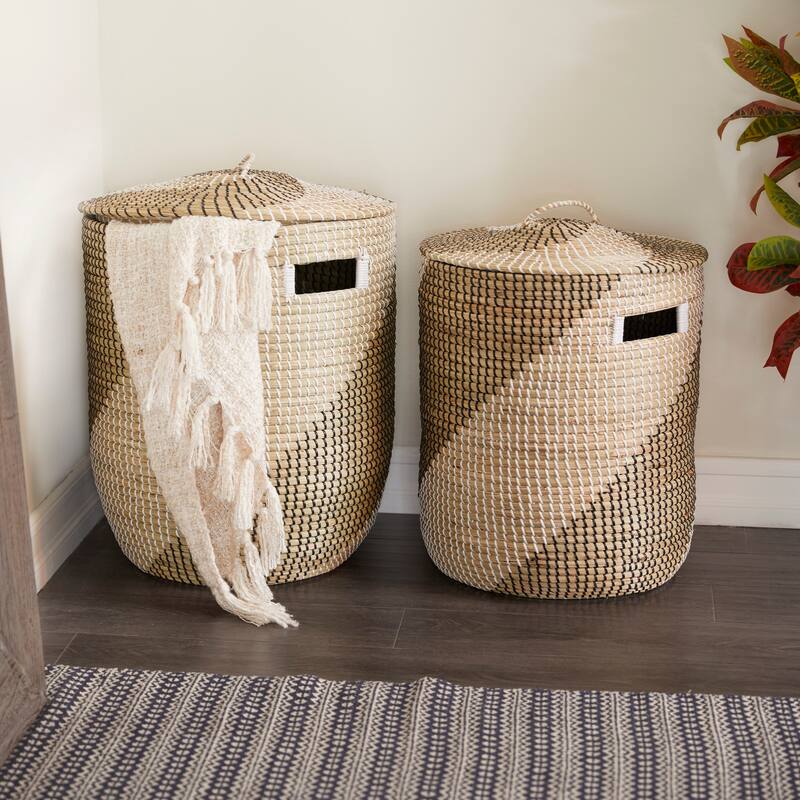 Brown Seagrass Handmade Two Toned Decorative and Functional Storage Basket with Matching Lids (Set of 2)