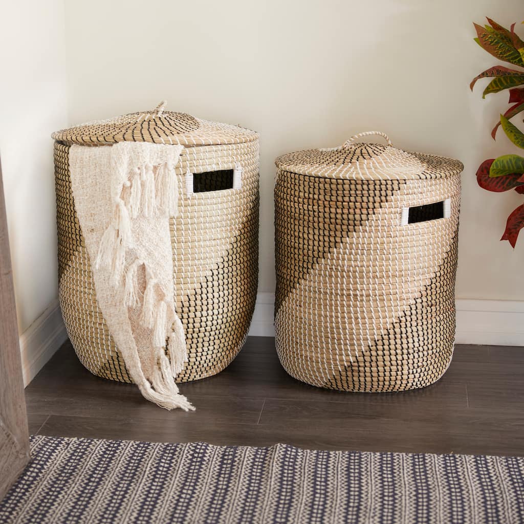 Brown Seagrass Handmade Two Toned Decorative and Functional Storage Basket with Matching Lids (Set of 2)