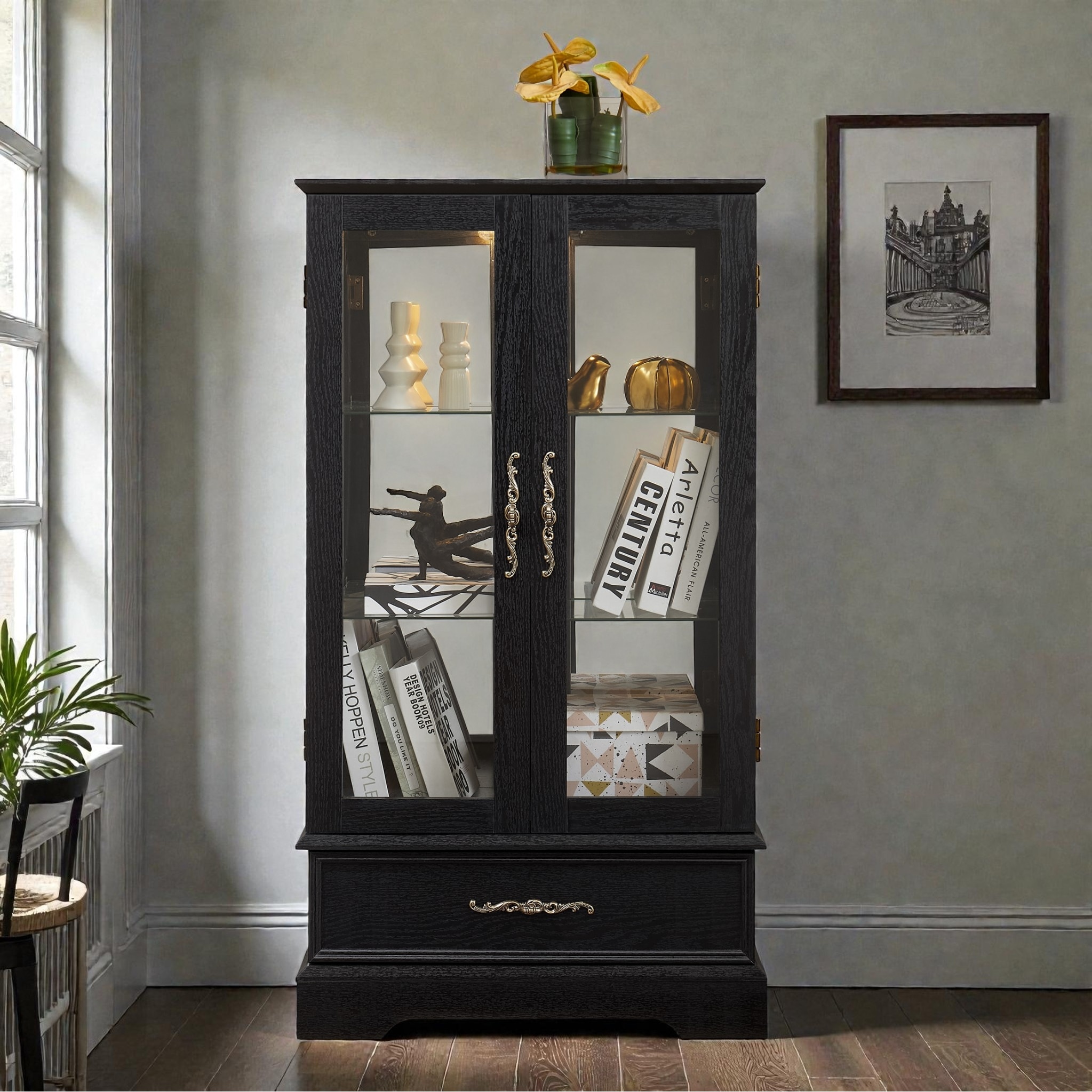 Lighted Glass Curio Cabinet with Drawer, Vintage 2 Door Display Cabinet with Adjustable Shelves and LED Light
