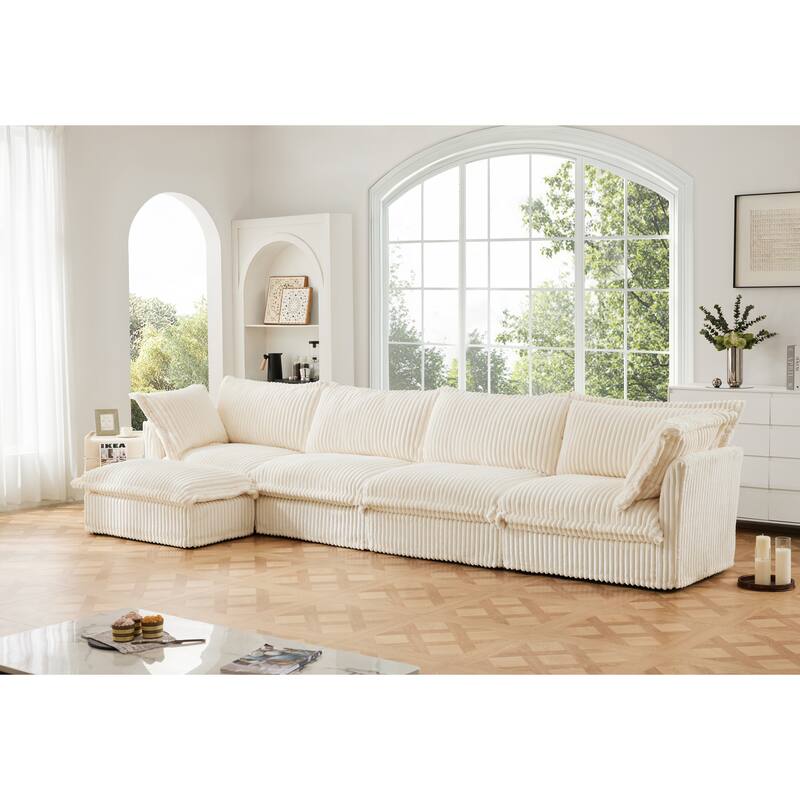 156" Corduroy Modular Sectional Sofa w/ Removable Slipcovers, Ottoman - Cream