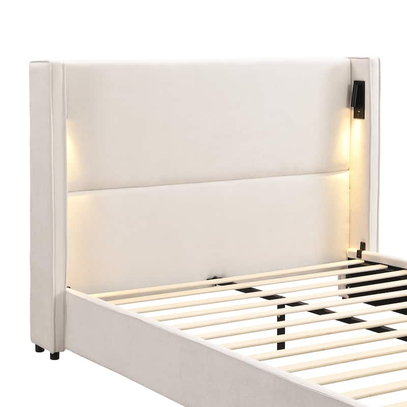 Beige Frame Upholstered Platform Wingback Bed Thick Corner High Headboard with 2 Sets of Wall Sconces, Center Metal Legs Support