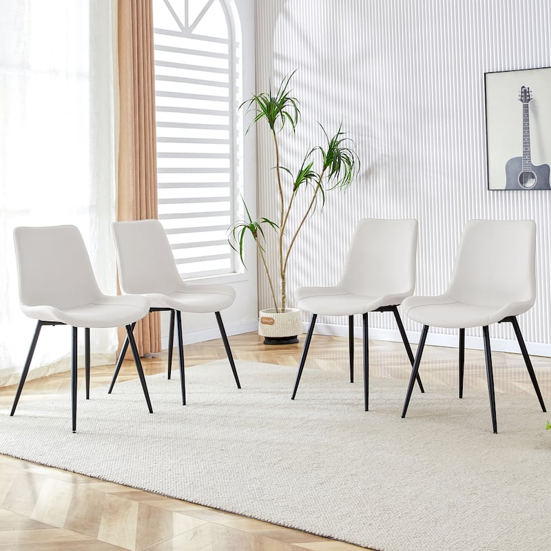White artificial leather backrest cushion dining chair, black metal legs, curved widened cushion design for more comfort