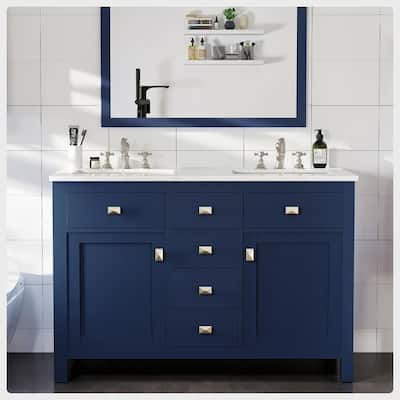 Totti Artemis 48" Blue Transitional Double Sink Bathroom Vanity w White Carrara Style Man-Made Stone Top - 48