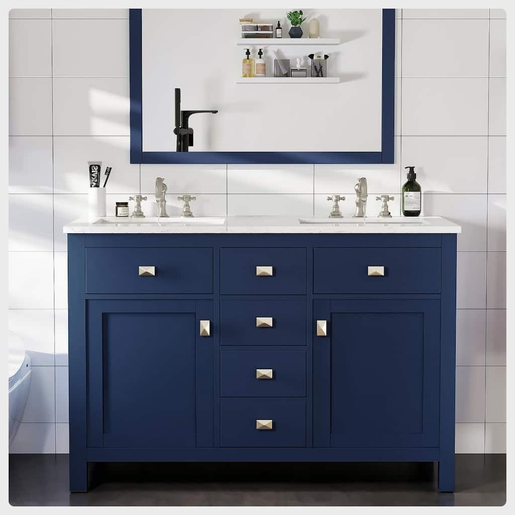 Totti Artemis 48" Blue Transitional Double Sink Bathroom Vanity w White Carrara Style Man-Made Stone Top - 48