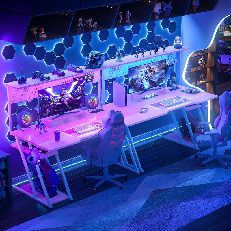 Gaming Desk with Hutch and LED Lights, Computer Table with Storage Shelves