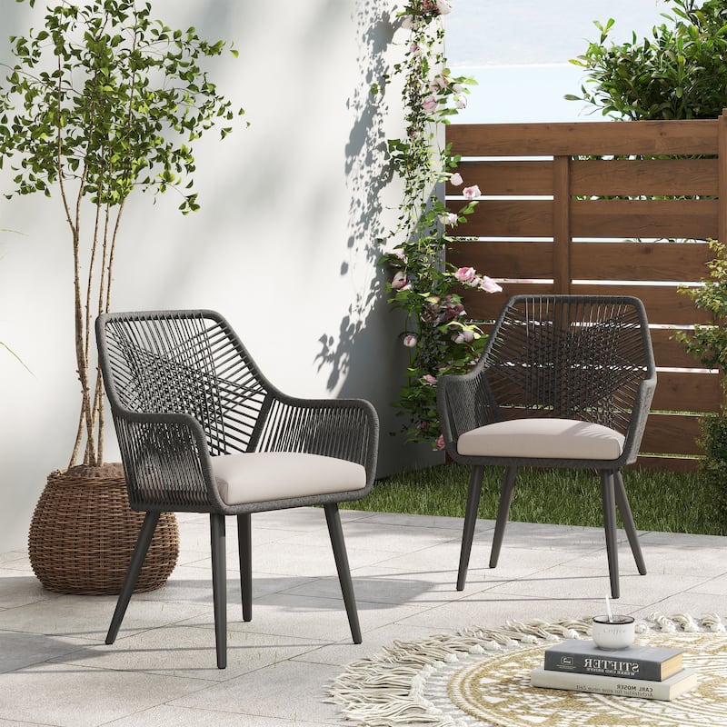Outdoor Patio Woven Rope Dining Chairs With Armrest and Seat Cushions - 2 Pieces Black
