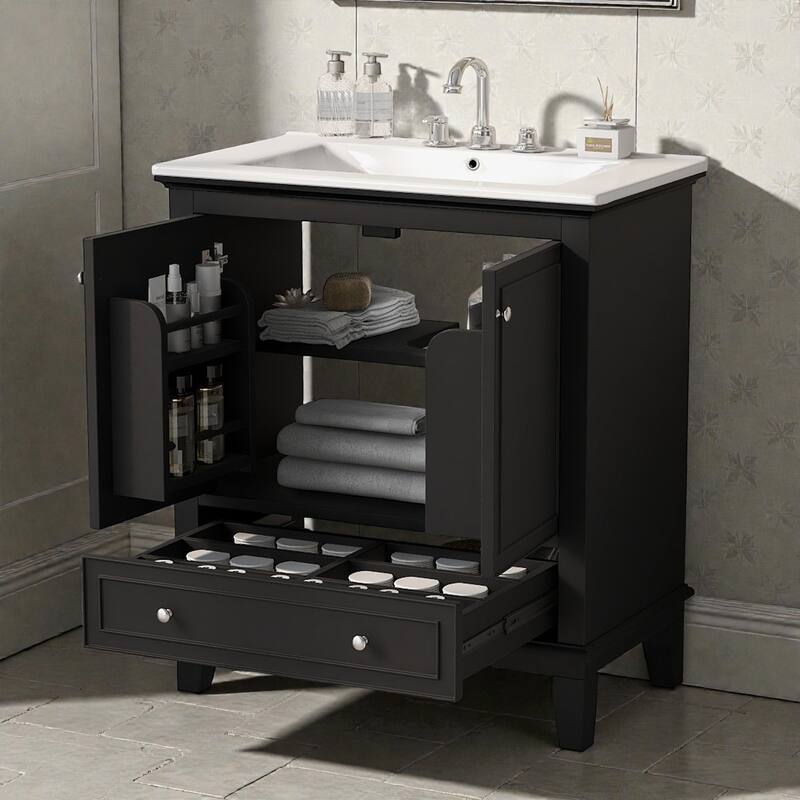 30 Inch Bathroom Vanity with Ceramic Sink, Solid Wood Freestanding Vanity Cabinet with Doors and Drawer, Modern Bath Storage