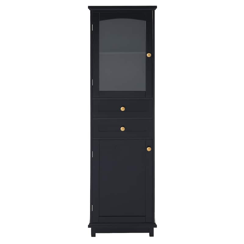 GDFStudio - Mary 63" Tall Bathroom Storage Cabinet with Glass Doors, Two Drawers, and Adjustable Shelves