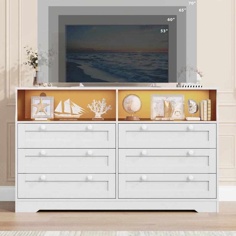6 Drawer Dresser for Bedroom, 55" Wood Chest of Drawers with Charging Station, LED Lights and 2 Storage Compartments