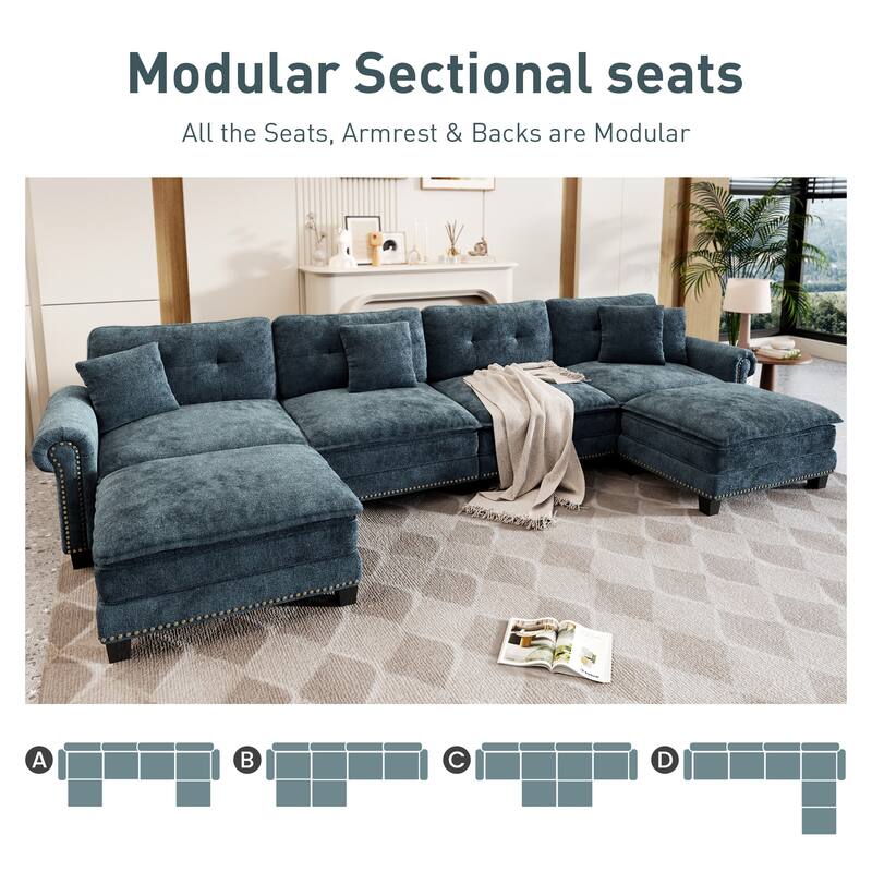 MAISON ARTS Mid-Century Modern Oversized L/U Shaped Cloud Couch with Ottoman, Deep Seat Sectional Sofa with Throw Pillows