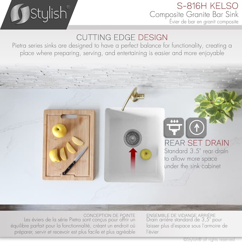STYLISH 15.5 inches L x 17.5 inches W Dual Mount Single Bowl Composite Granite Kitchen Sink with Strainer - 15.5" x 17.5" x 8.5"